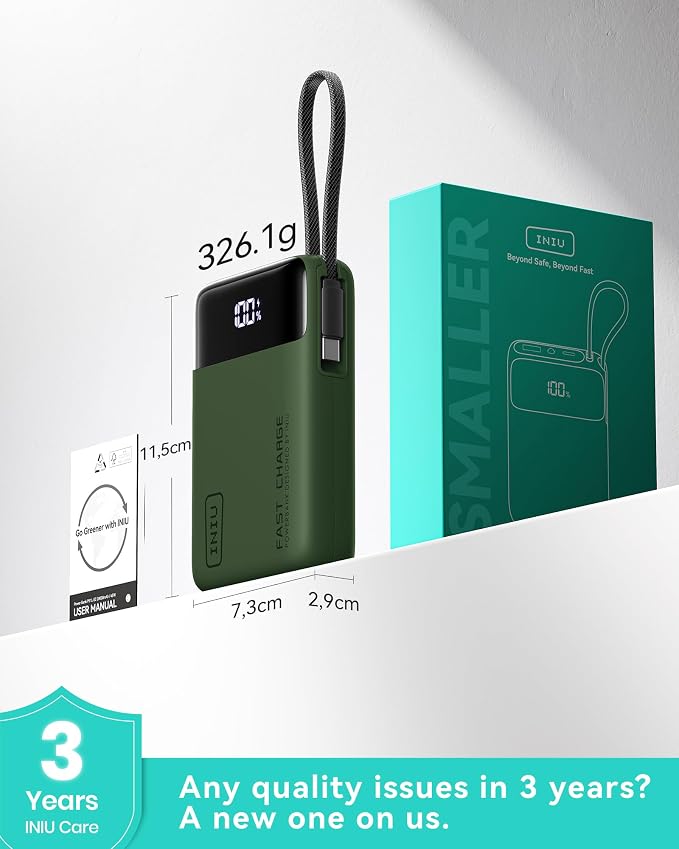 INIU 20000mAh Power Bank, Small 45W PD Fast Charging Portable Charger with Built-in USB C Cable, Flight-Safe Travel External Phone Battery Pack for Camping, ShortTrip, Travelers, Hikers, Green