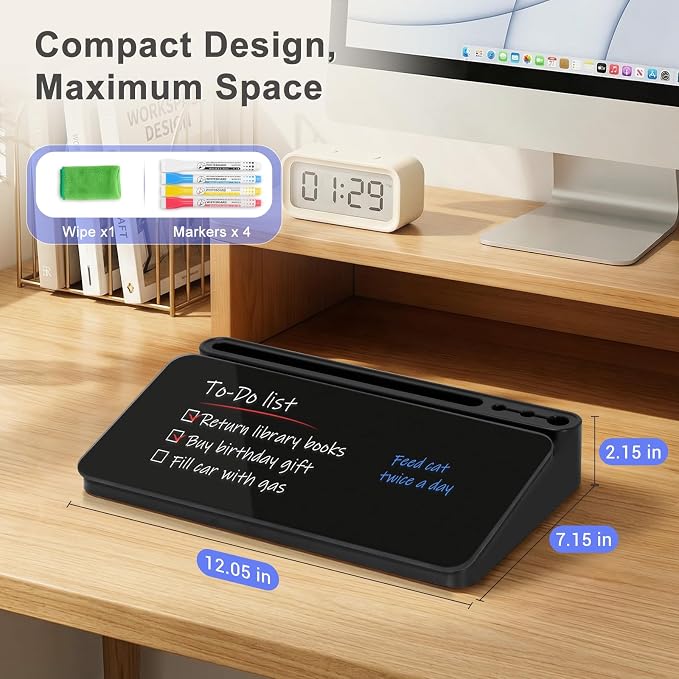 WALGLASS Small Desktop Whiteboard with Storage, Glass Desk Dry Erase White Board Computer Keyboard Phone Pad Stand with Drawer, Desk Organizers with Accessories for Office, Home, School Supplies Black
