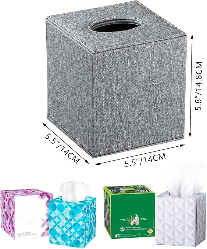 Leather Tissue Box Cover Square,Decorative Cube Tissue Box Holder with Magnetic Bottom,Facial Paper Organizer Table Napkin Case Dispenser for Bathroom NightStand Coffee Car Home Office,Grey
