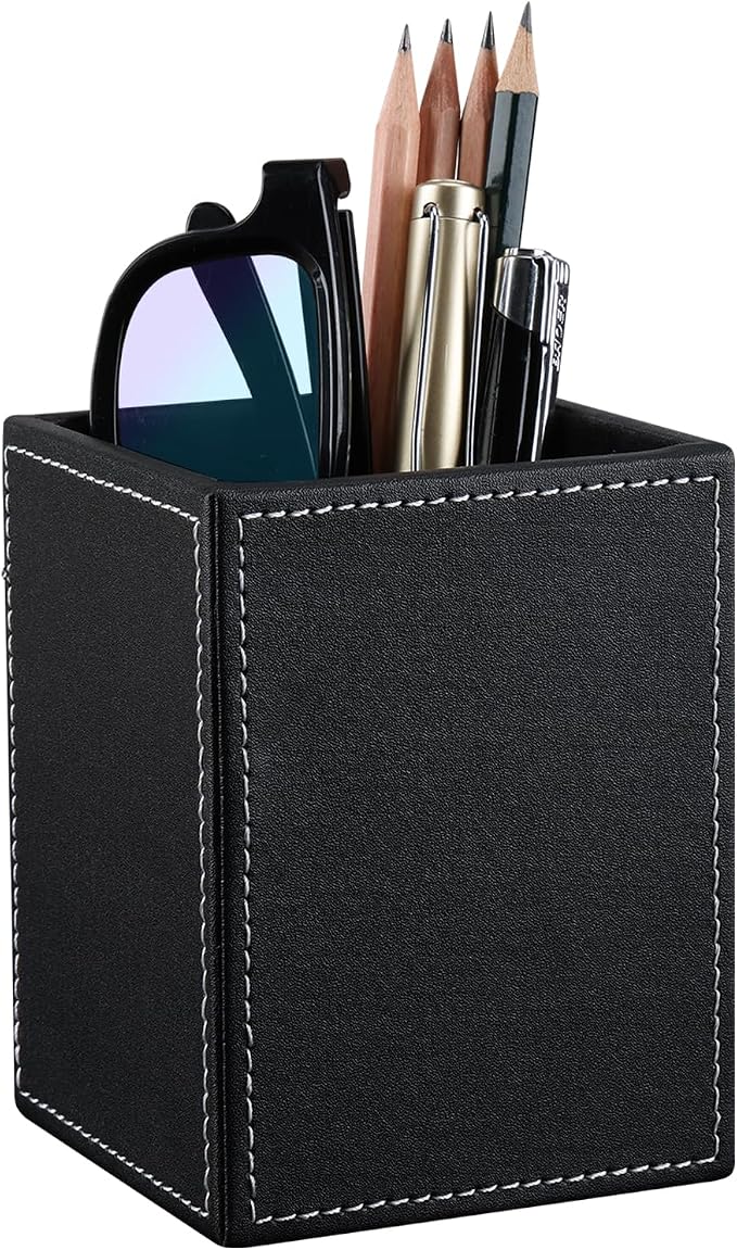 PU Leather Square Pens Pencils Holder Cup Desktop Stationery Organizer Case Office Accessories Container Box (black)