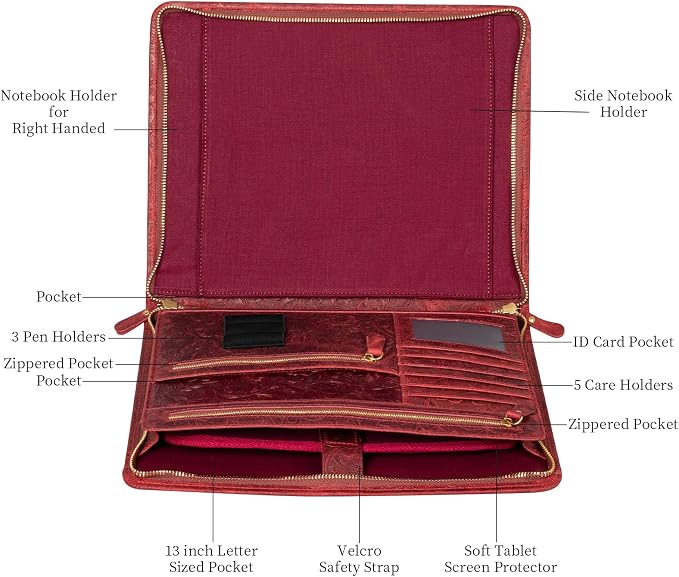 Gexmil Leather Portfolio Organizer for Women Men, Business Padfolio Folder with Zipper, Full Grain Leather,Interview Legal Document File Resume Organizer, A4 Writing Notepad Padfolio, Floral Red