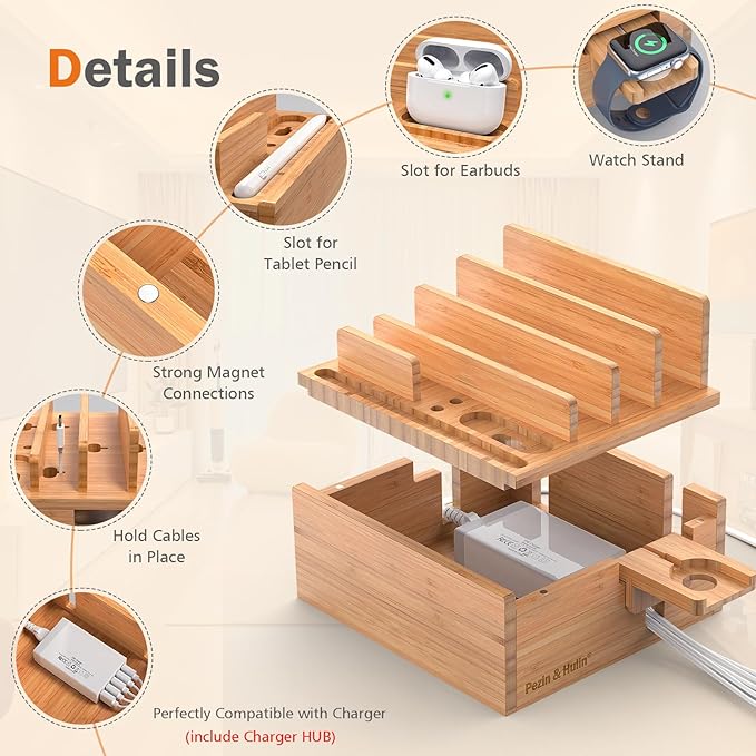 Pezin & Hulin Bamboo Charging Station for Multiple Devices with 5-Port HUB | Desktop Organizer, Wooden Docking Stations, All-in-1 Bamboo Dock Rack for Phones, Tablets, Watch–with 5 Cables