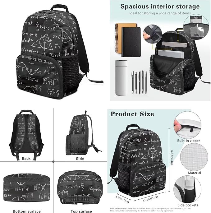 Ystardream Math Equation Backpack Purse for Boys Girls Backpack and Lunch Box with Water Bottle Sleeve Pencil Case Set of 4 Kids Elementary Bookbag Daypack for Camping Travel Sports