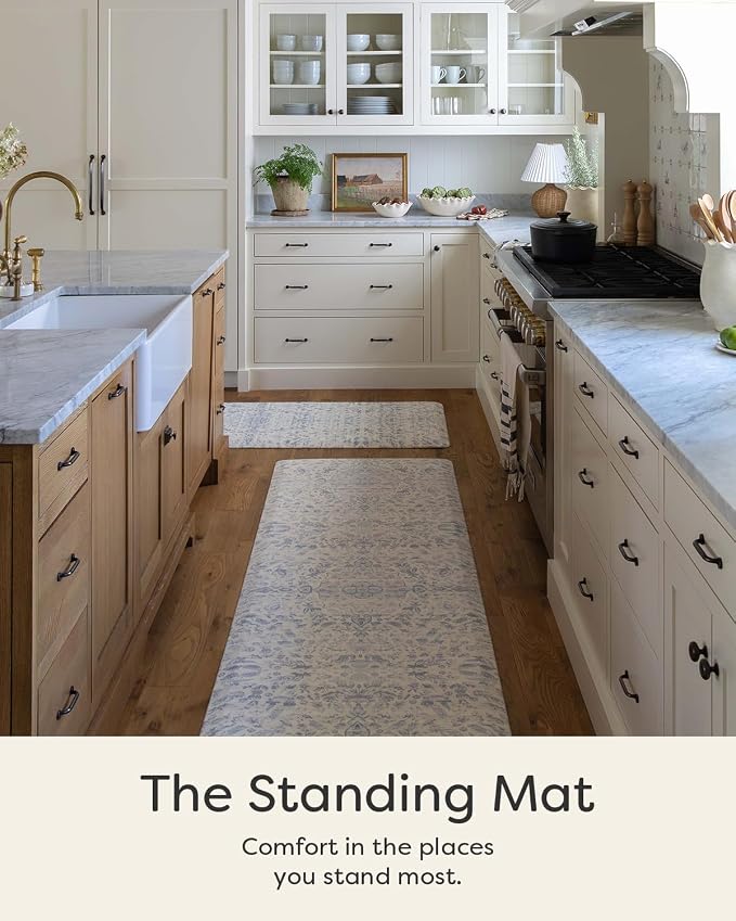 House of Noa Nama Standing Mat – Anti-Fatigue Cushioned Kitchen Mats for Floor | Ergonomic Bounce-Back Foam Kitchen Mats | Anti-Fatigue Mats for Kitchen & Standing | Emile Porcelain Blue | 22" x 72"