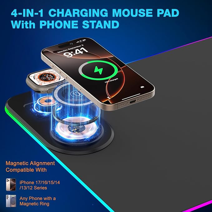 Gaming Mouse Pad Wireless Charging - Desk Mat Magnetic Foldable Phone Stand 15W Fast Charge, RGB Extended Large Keyboard Mousepad - PC Laptop Desk Pad for Work Game (Adapter Not Included)