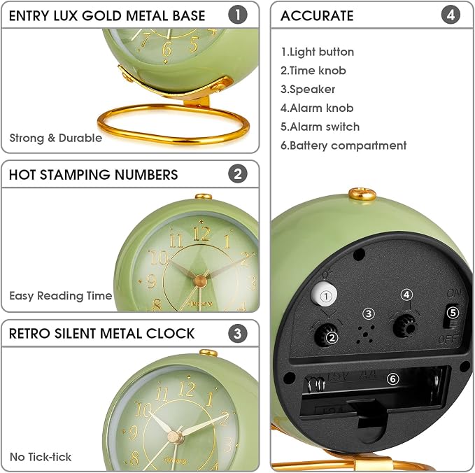 rjuwurv Metal Desk Clock, Retro Bedroom Table Vintage Analog Alarm Clock, Silent Non-Ticking Gold Clock, Bedside Décor(Olive-Green)