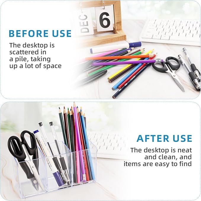 1 Pcs Acrylic Pen Holder 3 Compartments Clear Desk Organizer | Desk Organizer, Multi-Use Pencil Cup, Makeup Brush Silverware Caddy, For Office Classroom Bathroom Countertop Storage