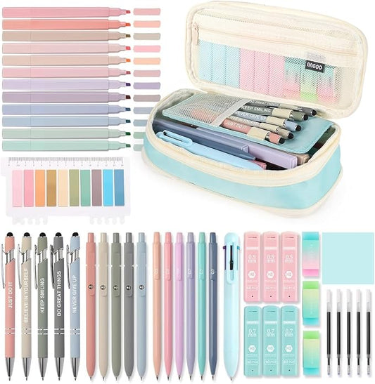 56 PCS Aesthetic School Supplies with Large Pencil Case, 5 Inspirational Ballpoint Pens, 12 Pastel Highlighters, 5 Black Ink Gel Pens, 6 Mechanical Pencils 0.5-0.7mm College Student Essentials (Blue)