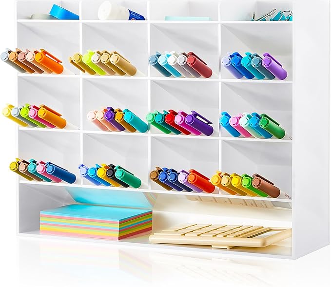 MotiMind Acrylic Pen Organizer Storage for 200 Markers Vertical Marker Organizer Acrylic Pen Display Holder for Office Desk Desktop Stationery Pencil Storage, White, 13 x 4 x 10.2 Inch