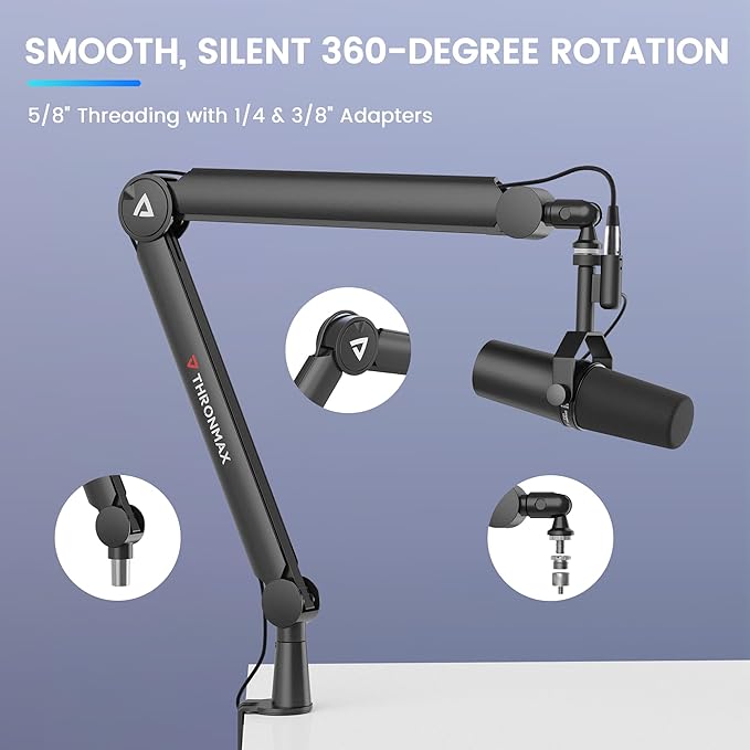 Boom Arm Stand THRONMAX S8 Mic Stand for Game Streaming and Broadcasting/Sturdy and Universal Mic Arm with 1/4“，3/8" to 5/8" Adapter，All-Metal and Fully Adjustable Mic Arm