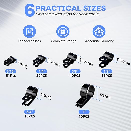 JORREP 322PCS R-Type Cable Clips, 3/16 to 1 in, 6 Sizes for Wire Management | PA66 Nylon, 3/16" 1/4" 3/8" 1/2" 3/4" 1", With screws, For office, garage, yard and auto wire setup, Easy to install