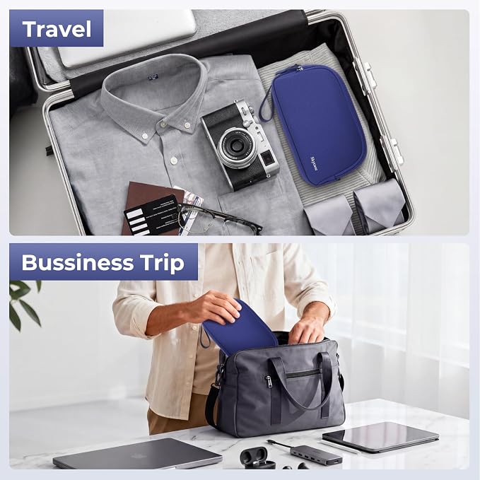 Skycase Travel Cable Organizer - Lightweight Water Resistant Dual-Layer Tech Pouch with Wrist Strap 10 Compartments Electronic Organizer Travel Case for Charger Cord Hard Drive,Medium,Blue