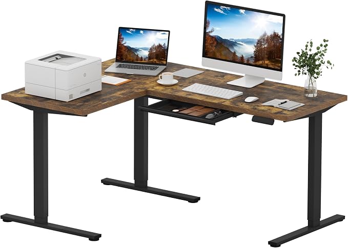 SANODESK L Shaped Electric Standing Desk with Drawer, 63 Inch Ergonomic Adjustable Height Desk with Storage, Corner Desk Sit Stand up Computer Table for Work Office Home, Rustic Brown