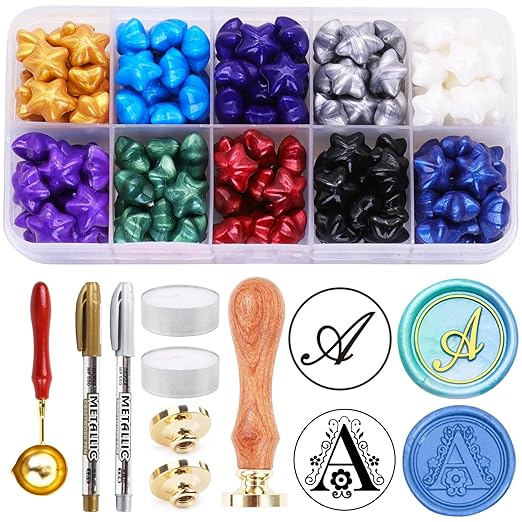 Wax Seal Stamp Kits, 200pcs Assorted Beads and 2pcs Initial Alphabet A Wax Seal Kits for Wedding Invitations Gift Wraps Envelopes and Christmas Cards (Alphabet A Kit)