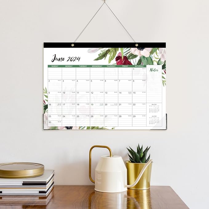 2024 Desk Calendar - Desk Calendar 2024,12 Monthly Desk/Wall Calendar 2-in-1, 16.8" x 12", January 2024 - December 2024, Thick Paper with Corner Protectors, Large Ruled Blocks - Blue Floral