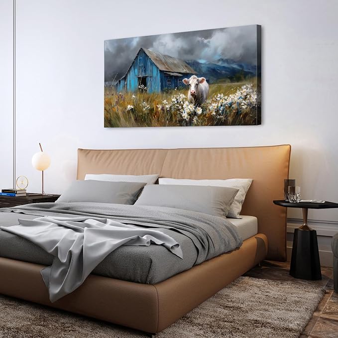AIYISU Rustic Farmhouse Wall Art Cow and Blue Barn Canvas Pictures Country Landscape Wall Decor Wildflower Field Painting Farm Animal Artwork for Living Room Dining Room Bedroom Home Decoration 30x60