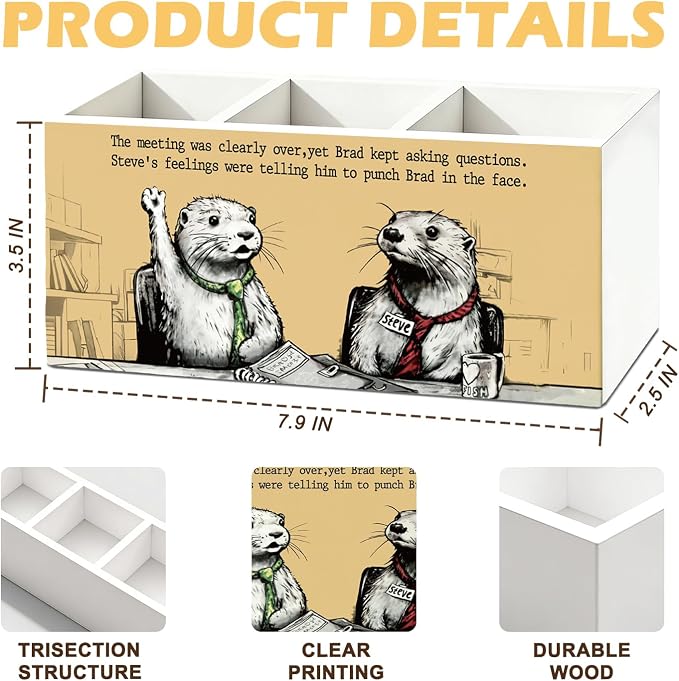 Funny Otter Pen Pencil Holder for Desk, Otter Gifts for Women Men, Office Humor Gifts for Coworkers Wooden Box Sign Organizer for Office Workplace Desk Accessories Tabletop Decorations
