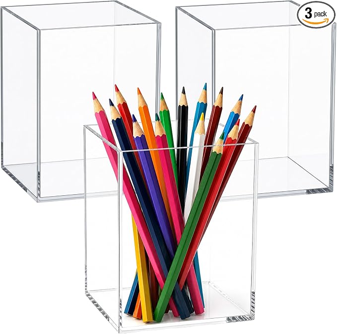 Mototo 3 Clear Acrylic Pen Holder Square Pencil Cup Office Desk Organizer | Toothbrush Utensil Holder Marker Makeup Brush Organizer Pencil Box Coffee Stirrers Storage Container for Classroom Counter