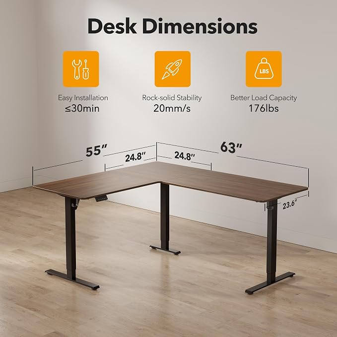 CubiCubi L Shaped Standing Desk 63 x 55 Inch Adjustable Height, Electric Corner Desk, Sit Stand Home Office Desk with Splice Board, Black Walnut