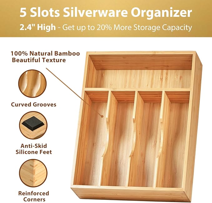 Kitchen Drawer Organizer, 10 Inch Silverware Utensil Tray Holder, Extra Deep, with Non-Slip Feet & Grooved Drawer Divider, 5 Slots Total Bamboo Wood Caddy for Flatware Cutlery Knives