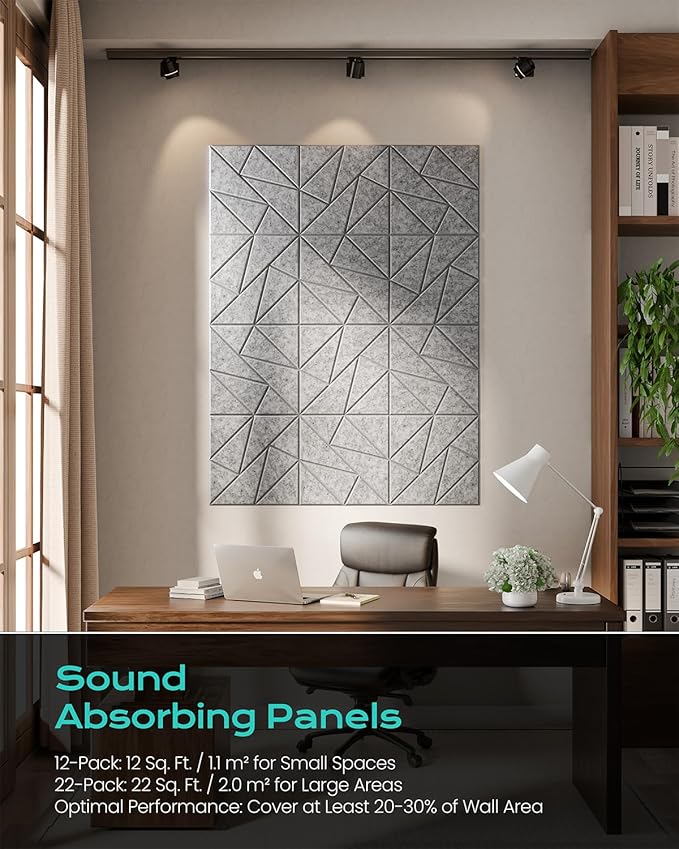 12-Pack Acoustic Panels,12"x12"x0.4" Soundproof Wall Panels, Peel & Stick Sound Proof Foam Panels for Walls, Geometric Noise Reduction Panels for Home Office,Studio (Sliver Gray)