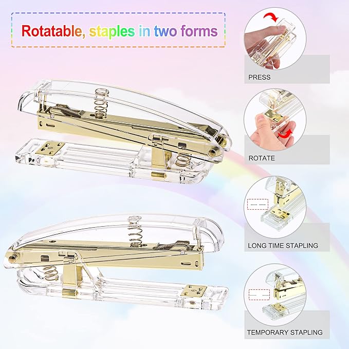 EOOUT Gold Office Supplies Set Desk Accessories, Acrylic Stapler Set Staple Remover, Phone Holder, Tape Holder, Pen Holder, 2 Ballpoint Pen, Scissor, Binder Clips, Ruler, Transparent Glue and Staples. | Clear Acrylic Desk Accessories, Organized Workspa...