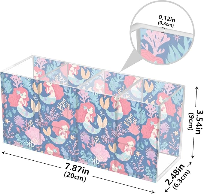Cute Mermaid Acrylic Pen Holders Coral 4 Compartments Clear Makeup Brush Organizer, Flatware Holder