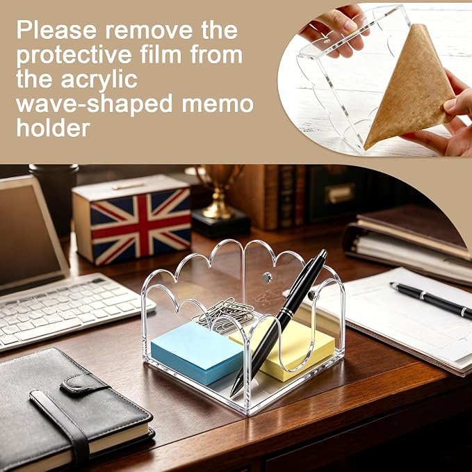 3Pcs Scalloped Acrylic Sticky Note Holder,Clear Sticky Notes Dispenser 3x3 Thick Post it Notes Memo Pad Holder Non-Slip Desk Organizer for Office Home School Dorm Desktop
