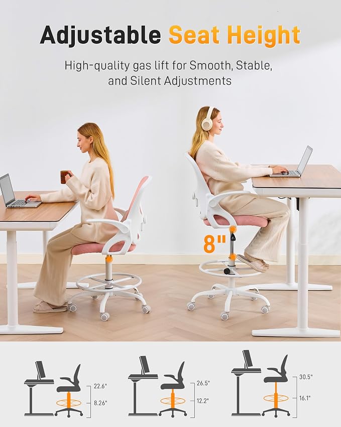 LukkDys Drafting Chair with Arms, Tall Office Chair for Standing Desks | Ergonomic lumbar pad, breathable mesh and foot ring support forward-leaning posture for sewing, crafts and daily studio work.