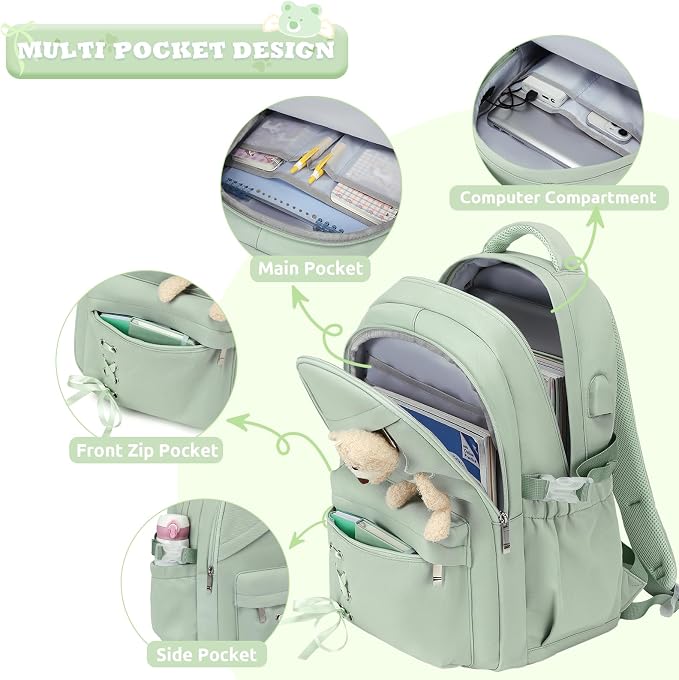 ACESAK Backpack for Girls with Insulated Water Bottle - 4 PCS Cute Girls Backpack with Lunch Box, Pencil Case & Kids Cup Set - 14oz Kids Water Bottle with Straw Set Back to School Supplies (Green)