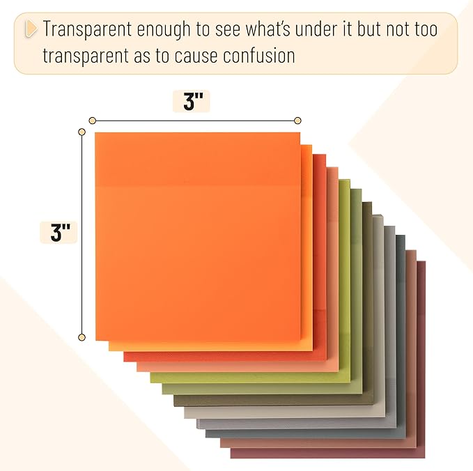 Mr. Pen- Transparent Sticky Notes, 3”x3”, Earthy Colors, 12 Pads, 600 Sheets, Bible Journaling Sticky Notes, See Through Sticky Notes, Translucent Sticky Notes, Stocky Notes for Bible Journaling