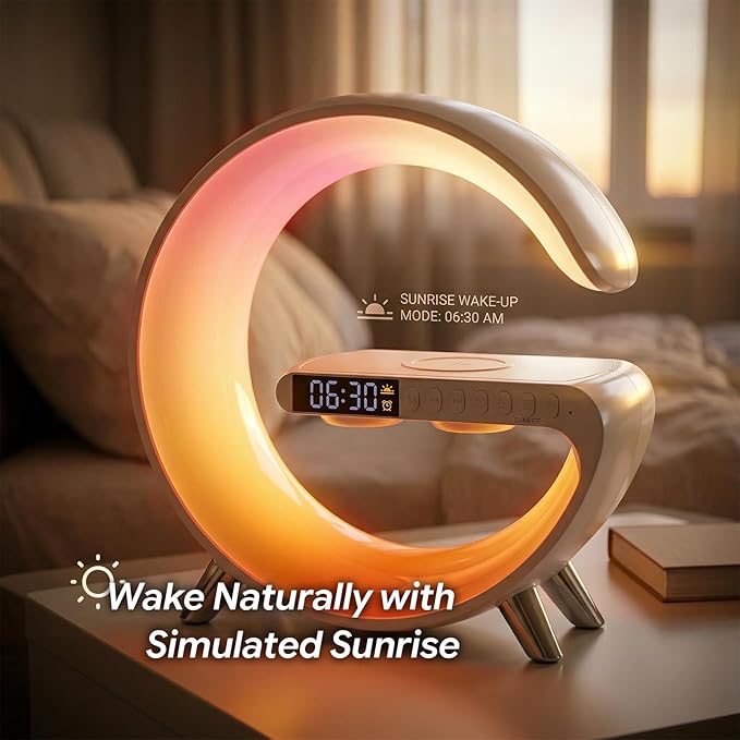 Smart LED Table Lamp Alarm Clock for Bedroom with Wireless Charging Bluetooth Speaker, App Controlled Night Light for Kids, Christmas Birthday Gifts for Teens Adults Desk Office Bedroom Decor (White）