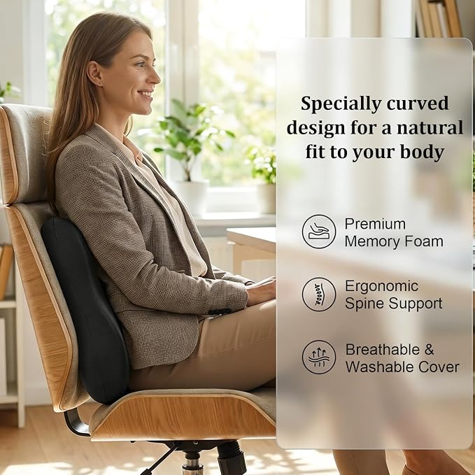 Lumbar Support Pillow for Office Chair Memory Foam Car Lumbar Pillows Lower Back Pain Relief Black Soft Ergonomic Chair Back Pillows for Car, Couch