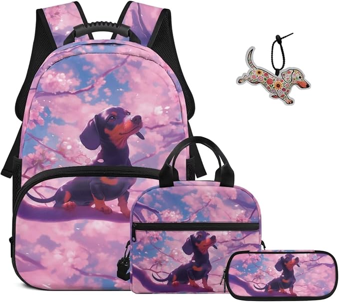 ZFRXIGN Dachshund Dog Kids Backpack for Girls 6-8 8-12 Bookbag with Cute Pendant 17inch Elementary School Bag and Lunch Box Pencil Case Back to School Stuff