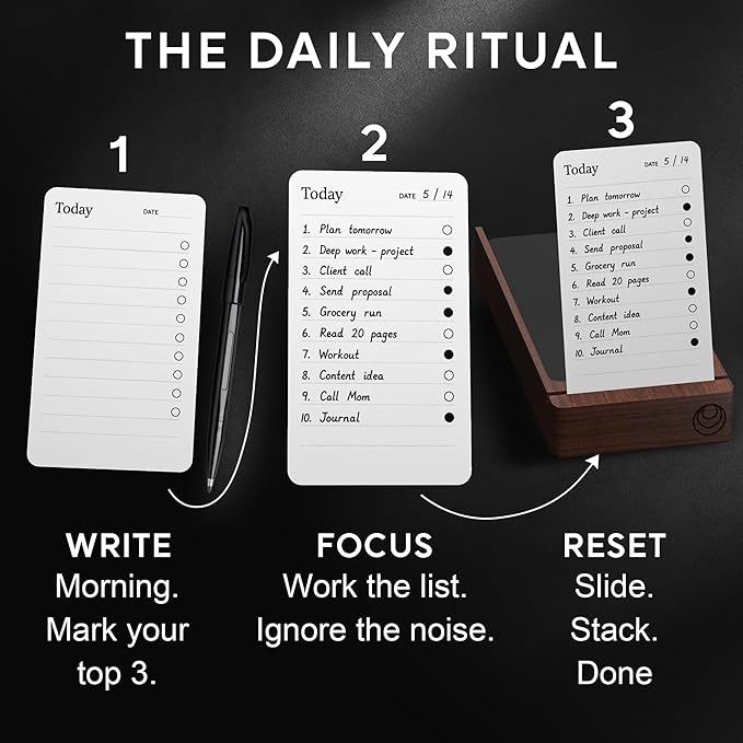 Daily Planner To Do List Notepad - Checklist & Goal Cards for ADHD Focus - Walnut Display + Planner Cards