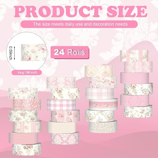 Gueevin 24 Rolls Watercolor Floral Washi Tape Set 15 mm Seasonal Flower Decorative Washi Tape for Craft Arts DIY Scrapbook Journaling Supplies Gift Wrapping(Roses and Lace)