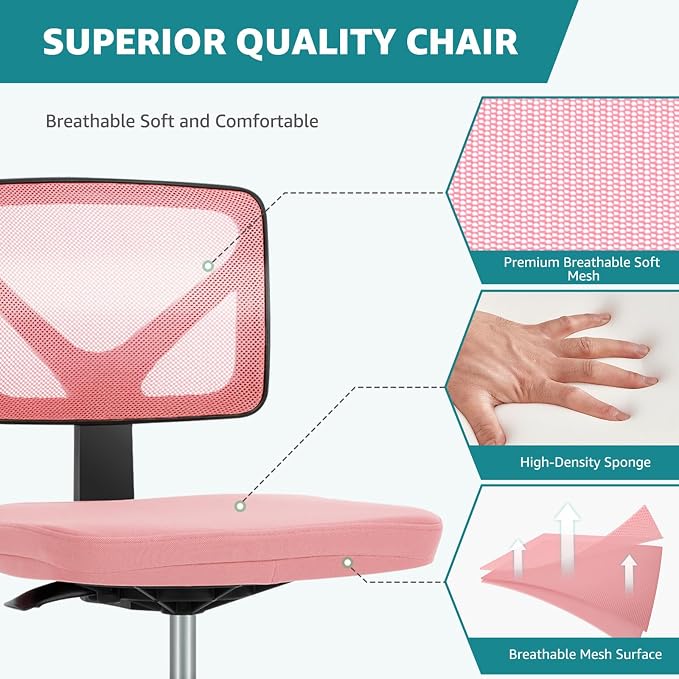 OLIXIS Armless Office Chair, Ergonomic Desk Chair with Wheels, Mesh Back, Removable Washable Foam Cushion, Height Adjustable Rolling Swivel Chairs for Small Space, Home, Office, Pink