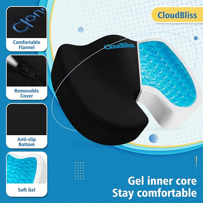 CloudBliss Gel Memory Foam Seat Cushion for Long Sitting, Large, Black | Gel Chair Pad for Tailbone, Coccyx, Sciatica , Soft Suede Cover, Non-Slip , Washable Mesh, for office, home, car