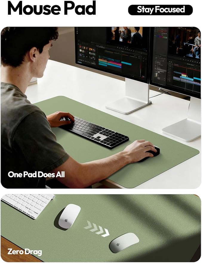 YSAGi PU Leather Desk Pad Protector – Non-Slip Waterproof Desk Mat for Office & Home, Easy Clean Large Mouse Pad & Laptop Writing Blotter 23.6"x13.8" Bamboo Green