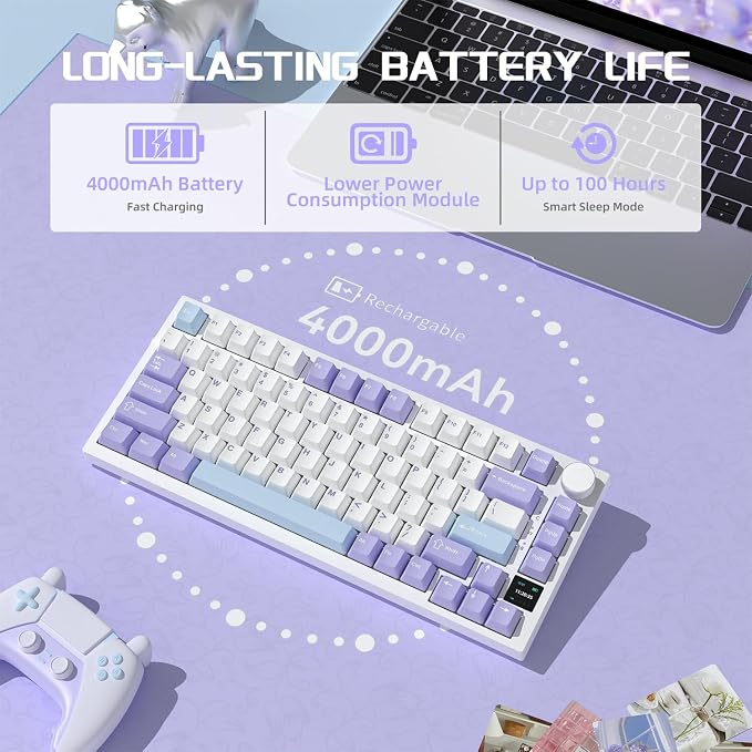 Attack Shark ajazz AK820 Pro Wireless Mechanical Gaming Keyboard Hot Swappable TFT Display & Knob RGB Backlit BT 5.1/2.4Ghz /Type-C Wired Gasket-Mounted Custom Keyboard for PC/Win(Purple/Fish Switch)