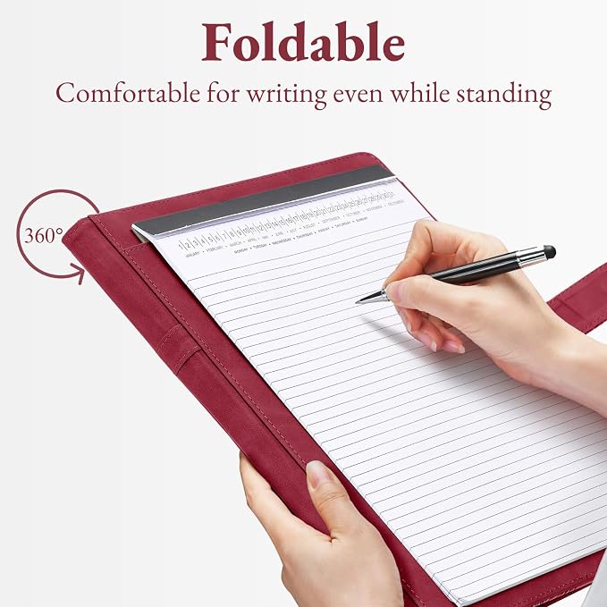 Mymazn Padfolio Portfolio Binder, Faux Leather Interview Resume Folder with Document Organizer & Business Card Holder, Letter-Sized Notepad Legal Pad Holder for Women Men (Red)
