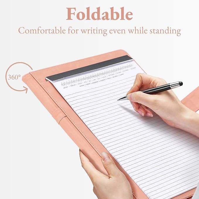 Mymazn Padfolio Portfolio Binder, Faux Leather Interview Resume Folder with Document Organizer & Business Card Holder, Letter-Sized Notepad Legal Pad Holder for Women Men (Pink)