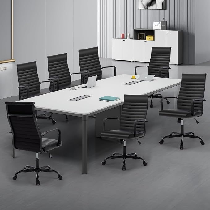 Office Chair, Ergonomic Executive Conference Room Chairs, Ribbed Leather Desk Chair with Lumbar Support, Adjustable Height Mid-Back Swivel Chair with Padded Seat