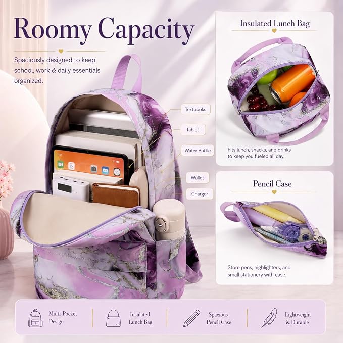 Bluboon Teen Girls School Backpack Kids Bookbag Set with Lunch Box Pencil Case Travel Laptop Backpack Casual Daypacks (Purple Marble)