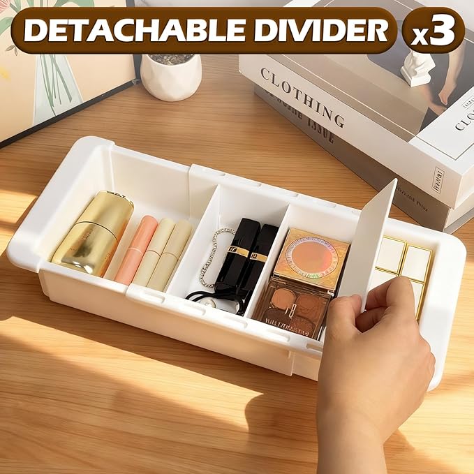 Deep Drawer Organizer, Expandable Drawer Organizer, Plastic Tray with Dividers - White