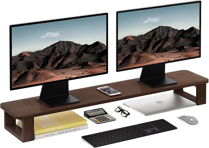 Ufine Dual Monitor Stand Riser 39.3 Inch Wood Desk Shelf Desktop Organizer | 2 Heights Adjustable, Ergonomic Computer Monitor Stand for 2 Monitors, Laptop, TV, Printer