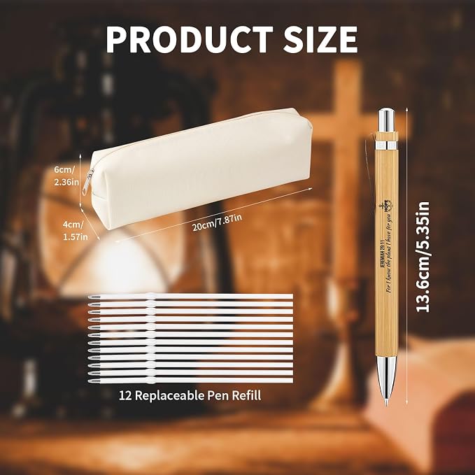 Bible Verse Pens 25 Pcs with 12 Christian Pens & 12 Refills & 1 White Pen Pouch Bamboo Retractable Ballpoint Pens Inspirational Quote Pen Religious Gifts for Men Women