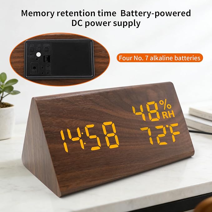 Wooden Digital Alarm Clocks for Bedrooms - Electric Desk Clock with Large Numbers, USB Port, Loud Alarm for Heavy Sleepers, Adjustable Volume, Dimmer, Snooze, DST, Wood Décor, Adapter Powered