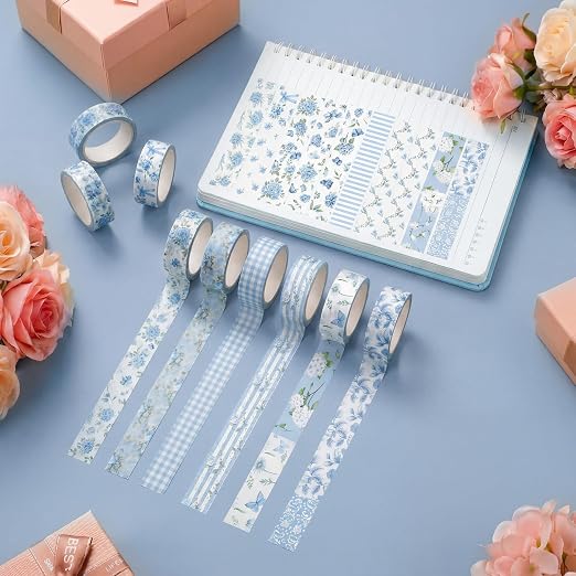 12 Rolls Watercolor Floral Washi Tape Set 15 mm Vintage Flower Decorative Masking Tape for Summer School Arts DIY Craft Scrapbook Journal Supplies Gifts(Blue,Rose)