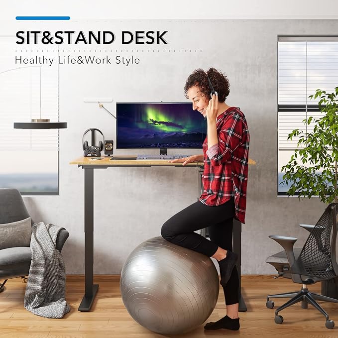FlexiSpot E6 Bamboo 3-Stage Dual Motor 60 x 30 Electric Standing Desk Sit Stand Up Desk, Holds 220 lbs, Adjustable Height w/ Memory Presets, Solid Bamboo Curved Desktop & Black Frame, Ships in 2 Boxes